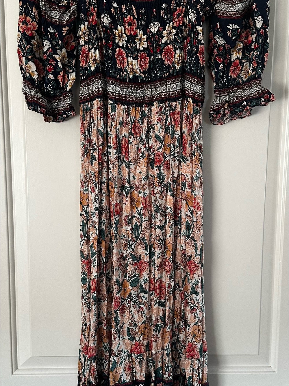 Smocked Floral Maxi Dress in Black & Blush